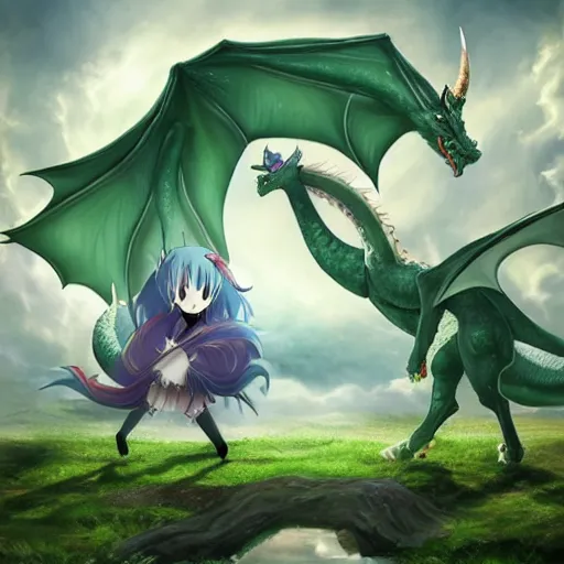 Image similar to realistic kobayashi and toohru in dragon form, from kobayashi's dragon maid, along with kanna kamui, also in dragon form play fighting in green meadow, lighting, high - contrast, intricate, elegant, highly detailed, centered, digital painting, artstation, concept art, smooth, sharp focus, illustration 8 k