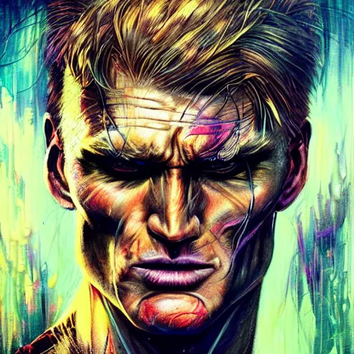 Image similar to a Demon Slayer portrait of Dolph Lundgren, tall, pale-skinned, slender with lime green eyes and long eyelashes by Stanley Artgerm, Tom Bagshaw, Arthur Adams, Carne Griffiths, trending on Deviant Art, street art, face enhance, chillwave, maximalist, full of color, glittering