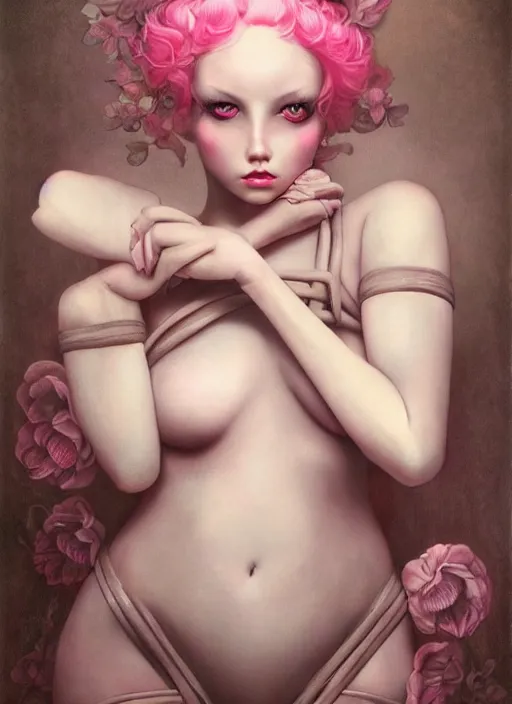 Image similar to pop surrealism, lowbrow art, realistic seductive cute woman painting, pink body harness, japanese shibari, hyper realism, muted colours, rococo, natalie shau, loreta lux, tom bagshaw, mark ryden, trevor brown style,