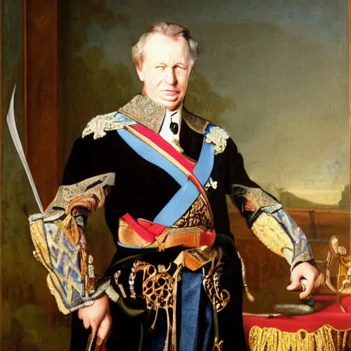 Prompt: portrait of king of sweden, cool, explosions, swords