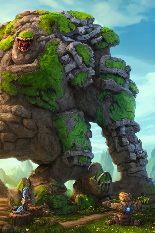 Image similar to zelda fantasy art giant golem troll wood rock greeble gemstone, global illumination ray tracing hdr fanart arstation by sung choi and eric pfeiffer and gabriel garza and casper konefal