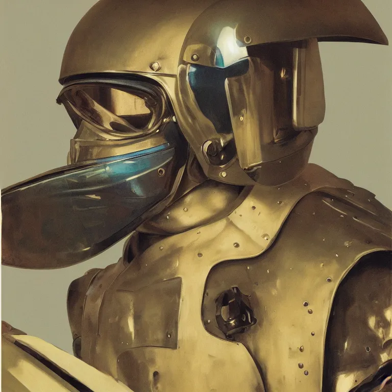 Prompt: portrait of a knight in a motorcycle helmet, fashion studio, lighting, 35mm , Edward Hopper and James Gilleard, Zdzislaw Beksinski, Steven Outram highly detailed