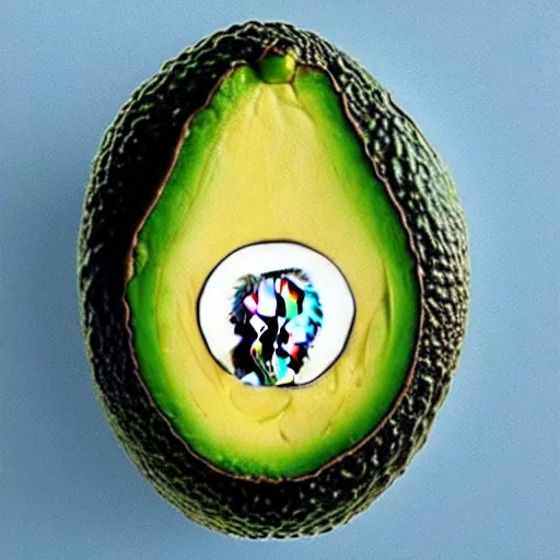 Image similar to bob ross as an embryo inside an avocado