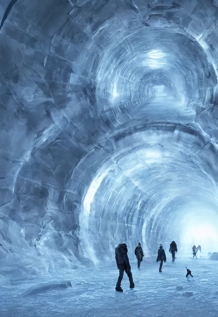 Image similar to Multiple connecting ice tunnels in antartica, multiple people moving around the tunnels, facinating and imposing, fantasy digital art, octane render, beautiful composition, trending on artstation, award-winning photograph, masterpiece