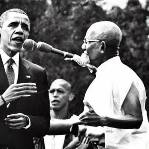 Prompt: Barack Obama having a rap battle against Ghandi, historical photo, 1962