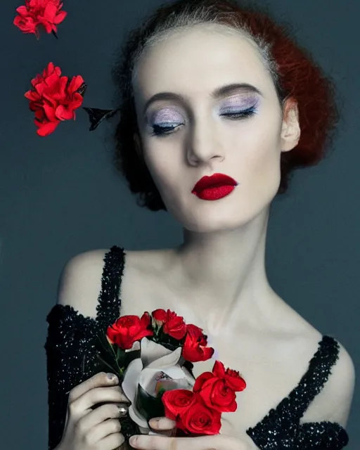 Prompt: Portrait of a Jewish woman, close-up, ice, diamond skin, high sharpness, zeiss lens, fashion photo shoot, flowers, red hair, coral lipstick, on the background black , in semi prakEduard Buba, Annie Leibovitz, Paolo Roversi, David Lazar, Jimmy Nelsson, Eiko Hosoe, artistic, hyper-realistic, beautiful face, octane rendering