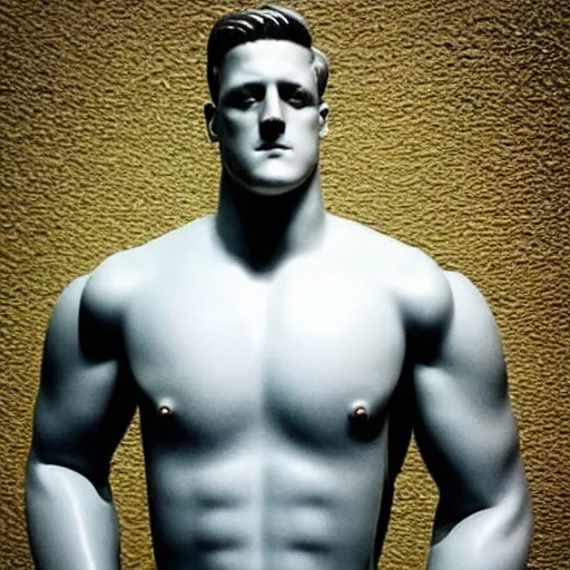 Image similar to “a realistic detailed photo of a guy who is an attractive humanoid who is half robot and half humanoid, who is a male android, JJ Watt, shiny skin, posing like a statue, blank stare”