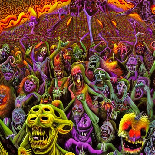 Image similar to digital painting of demons in rave party in hell by Chor Boogie, intricate details, ultra detailed, 4K, award-winning, touch of M. C. Escher