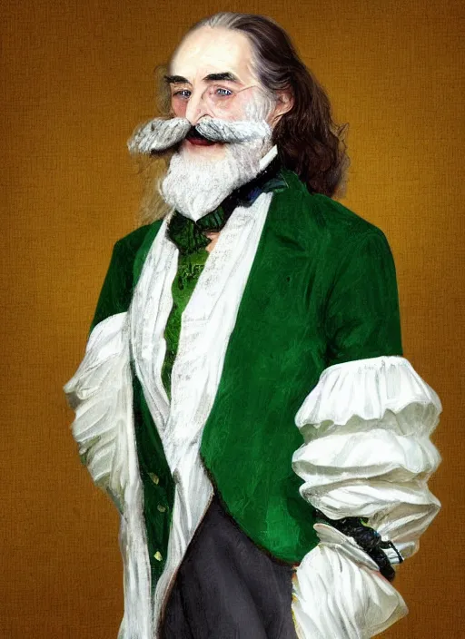Prompt: a french baron at 6 0 years old, long hair, wear an elegant mustach, white scarf, green shirt, by artgem, digital art, highly detailled