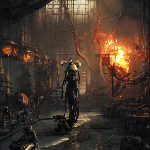 Image similar to adeptus mechanicus techpriest at a forge, by cedric peyravernay and feng zhu, highly detailed, excellent composition, cinematic concept art, dramatic lighting, trending on artstation