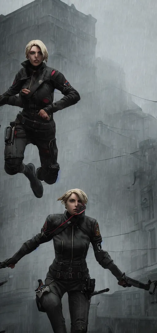 Image similar to annie leonhart in dunwall city wearing recon corps uniform running on a gothic house roof, redshift render, beautiful face, detailed face, cinematic lighting, rainy weather, melancholy atmosphere, dunwall city, volumetric light, octane render, dishonored game, dishonored 1, gothic architecture, realistic reflections, octane render 8 k