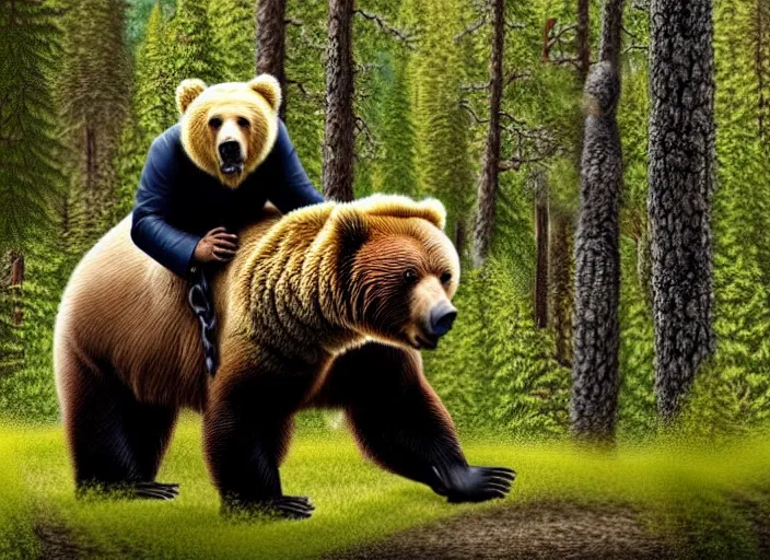 Image similar to putin riding his grizzly bear, in the forest. fantasy magic style. highly detailed 8 k. intricate. nikon d 8 5 0 5 5 mm. award winning photography.