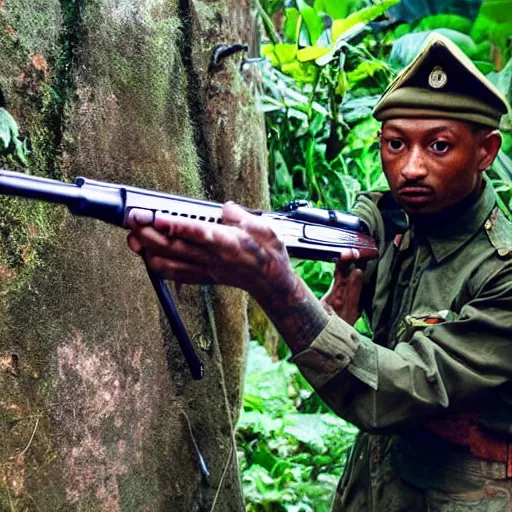 Prompt: 2 1 savage in vietnam in a jungle with a gun in like an old vienam war movie