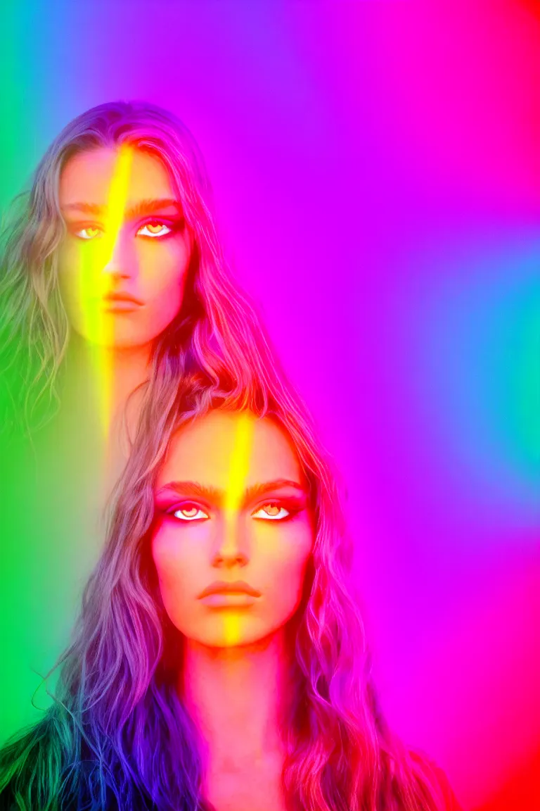 Image similar to goldenhour selfie photo of a stunningly beautiful model with large symmetrical violet eyes and flowing iridescent hair, rainbow light spectrum caustics and shadows cast by the blinds