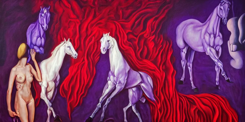 Prompt: only with purple, ney motogrosso in love with a red stallion, too many hands in all directions, in hoc signo vinces, waterfall, in the style of leonora carrington, gottfried helnwein, intricate composition, blue light by caravaggio, insanely quality, highly detailed, masterpiece, red light, artstation