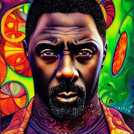 Image similar to portrait of idris elba, hyper detailed masterpiece, neon floral pattern, jean giraud, digital art painting, darkwave goth aesthetic, psychedelic, artgerm, donato giancola and tom bagshaw