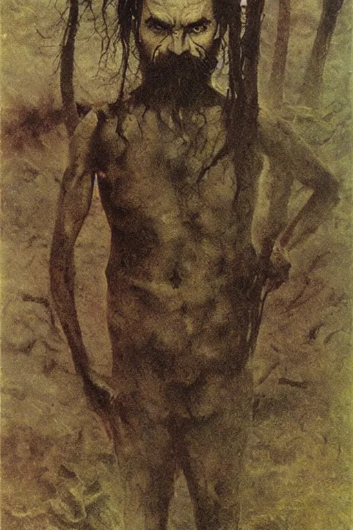 Image similar to magic the gathering card depicting charles manson, by zdzislaw beksinski, swamp, black