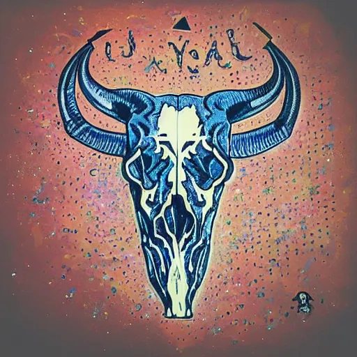 Prompt: “painted bull skull, dotart, album art in the style of James Jean”