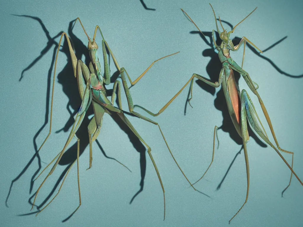 Prompt: close - up macro of a blue praying mantis. orchid mantis standing. petri dish art. subsurface scattering, translucency, backlit, diffused, smooth. studio photography high quality highly detailed award winning photograph by national geographic, by slim aarons. complementary color scheme. ( sculpture by antonio canova )