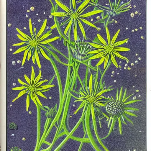 Prompt: Asteraceae, scientific depiction, Textbook Illustration in colour, 1982