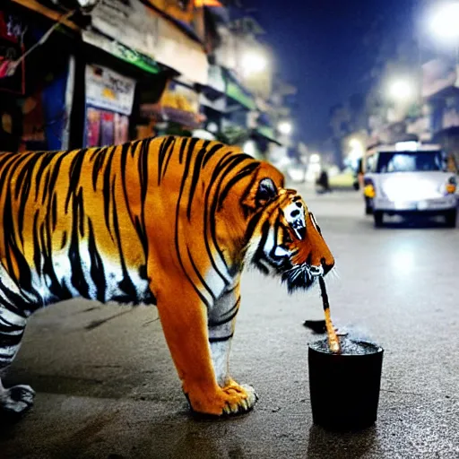 Image similar to photograph of a tiger smoking a joint in the streets of Dhaka at night