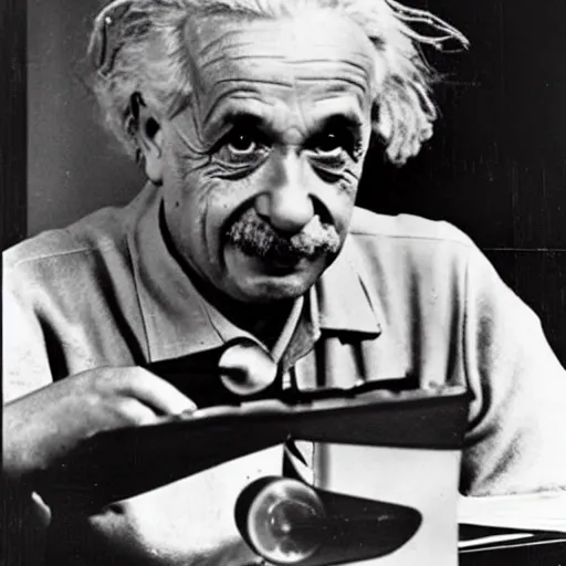 Prompt: 1940s photograph of Albert einstein trying to calculate why the banana is curved