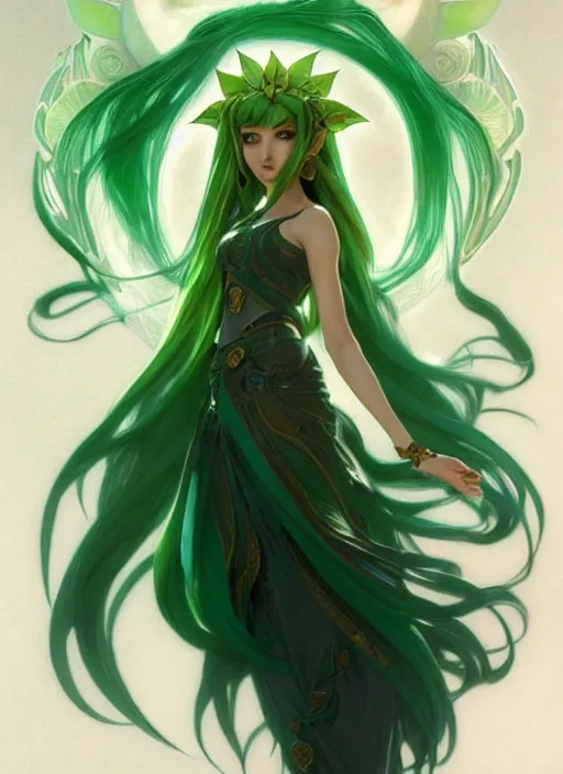 Image similar to portrait, from left, head and body, palutena, piercing green eyes, green hair, concept art, unreal engine, by rossdraws, frank franzzeta, intricate, masterpiece, elegant, hyper detailed, unreal engine rendered, concept art, smooth, sharp focus, illustration, art by artgerm and greg rutkowski and alphonse mucha and garis edelweiss