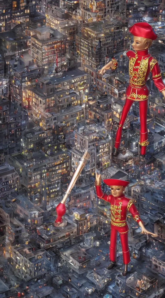 Image similar to hyperrealistic giant toy tin soldier in city, stunning, realistic, highly detailed attributes and atmosphere, dim volumetric cinematic lighting, 8 k octane extremely hyper - detailed render, post - processing, masterpiece,