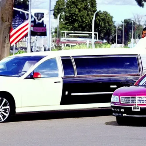 Image similar to barack obama on pimp my ride sitting in his newly upgraded presidential limo complete with a playstation 2, and a minibar. there are also neon lights in the interior.