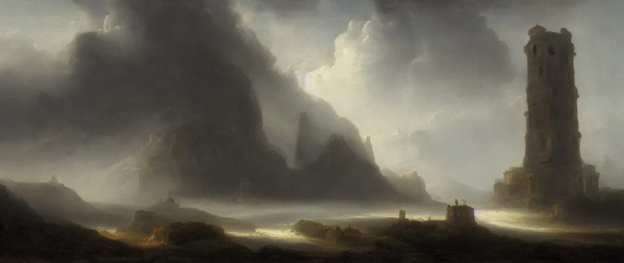 Image similar to an impossibly large tower rising from a sea of mist,evocative,romanticism landscape painting,chiaroscuro