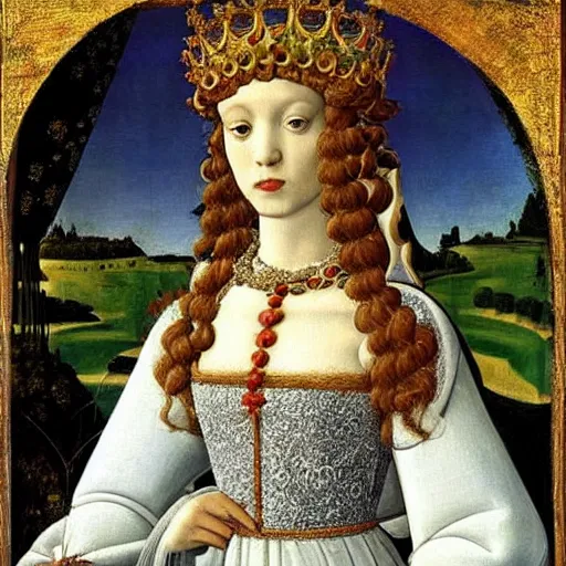 Image similar to portrait of a white poodle as an italian queen, painting by botticelli, 1 4 0 0