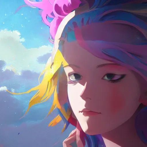 Prompt: a film still portrait of rainbow - haired goddess painting the earth, finely detailed features, closeup at the faces, perfect art, in space, gapmoe yandere grimdark, trending on pixiv fanbox, painted by greg rutkowski makoto shinkai takashi takeuchi studio ghibli, akihiko yoshida