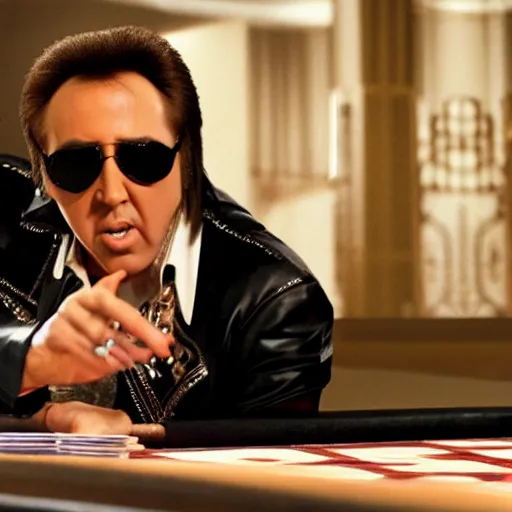 Prompt: nicolas cage as elvis presley playing the guitar over a poker table