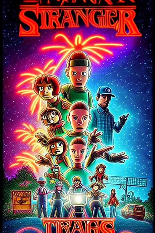 Image similar to animated version of Futurama Stranger Things poster by Matt Groening, cartoon, high resolution, hyper detailed, intricate, illustrated, dramatic lighting !n-9