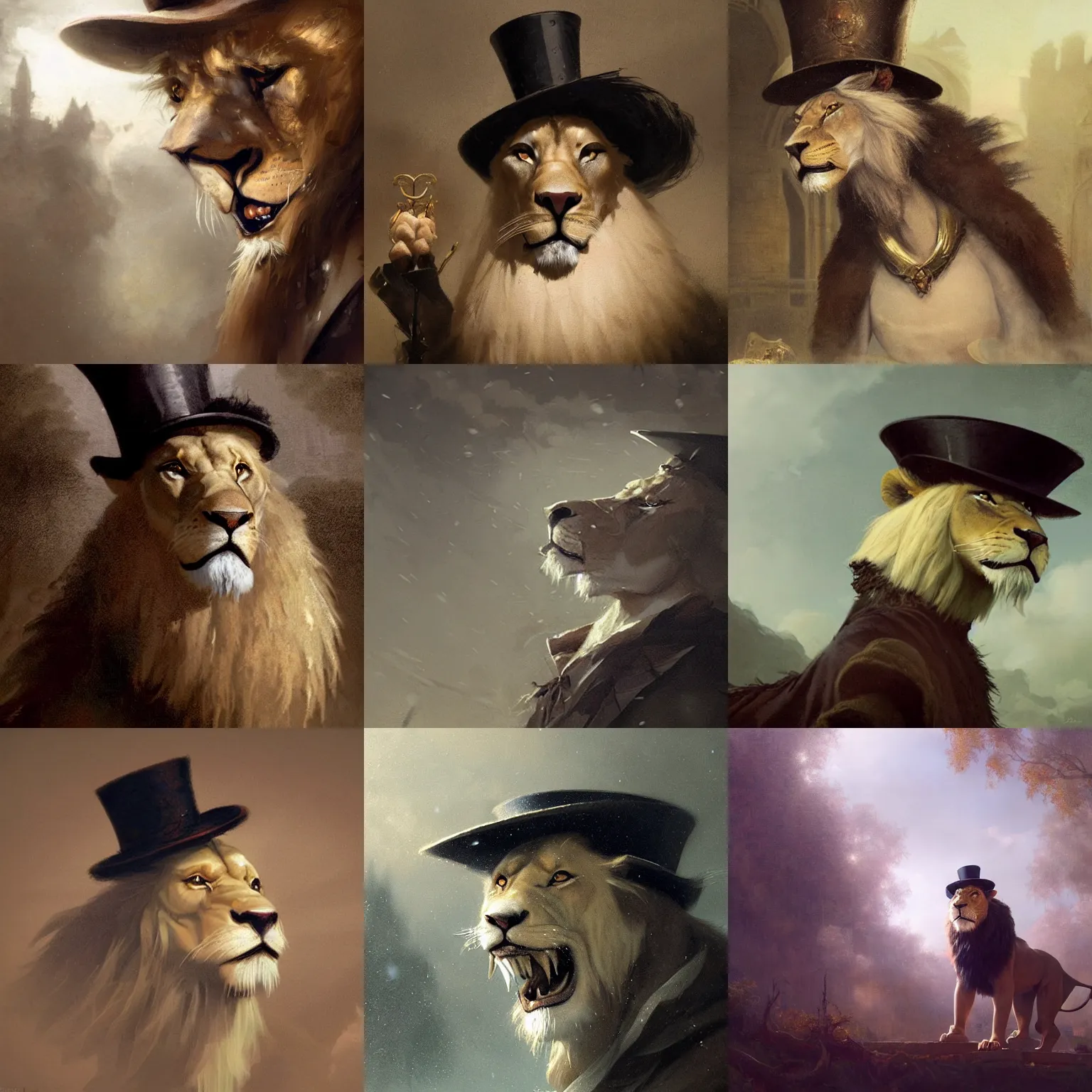 Prompt: a beautiful close - up shot from a fantasy film of an anthropomorphic lion wearing a top hat. joseph ducreux, greg rutkowski.