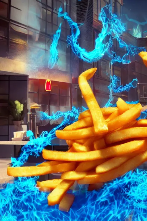 Image similar to a mc donalds commercial with a 3d snake spitting blue fire which is revealing realistic fries, commercial, 3d render, Mc donalds, 4k, sharp, by Beeple, Octane Render, cinema 4d