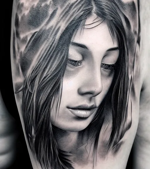 Prompt: a beautiful girl portrait, faded mountain background, realism tattoo, in the style of den yakovlev, black and white, hyper realistic, highly detailed