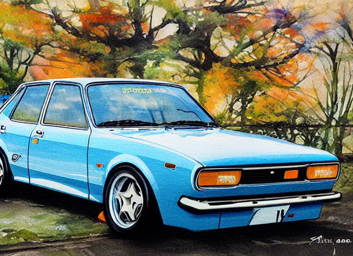 Image similar to beautiful yoshitaka amano art of a datsun bluebird 5 1 0, detailed painting