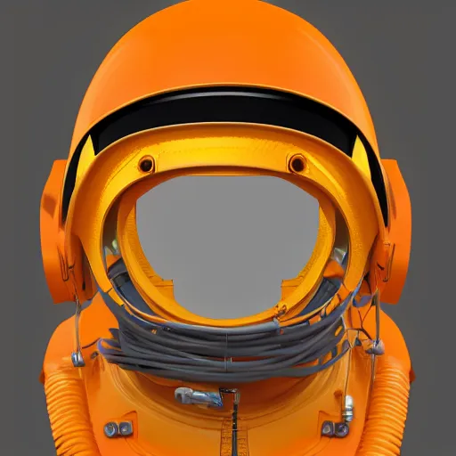 Image similar to hyper detailed boxcutter hard surface modelling rear view of yellow orange and gold astronaut helmet, arstation, cables wires decals