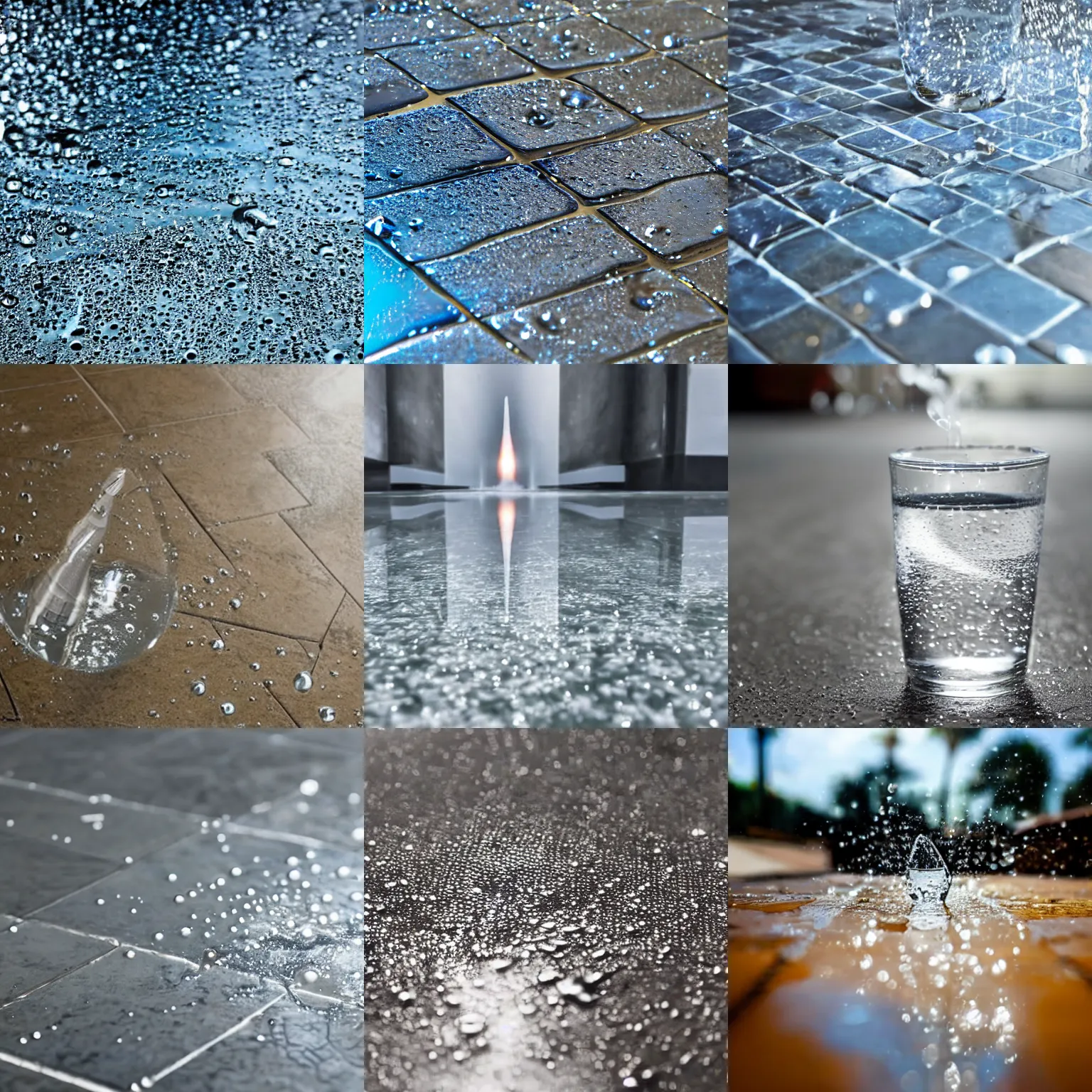 Prompt: a glass of water overflowing onto a tile floor. in the background, a rocket blasts off.