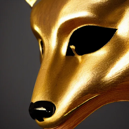 Image similar to a realistic photo of a beautiful white and gold fox mask, laying on a cherrywood desk, with spot lighting showing off the vivid gold details of the mask, f/1.8 32mm lens, 4K award winning, trending on artstation