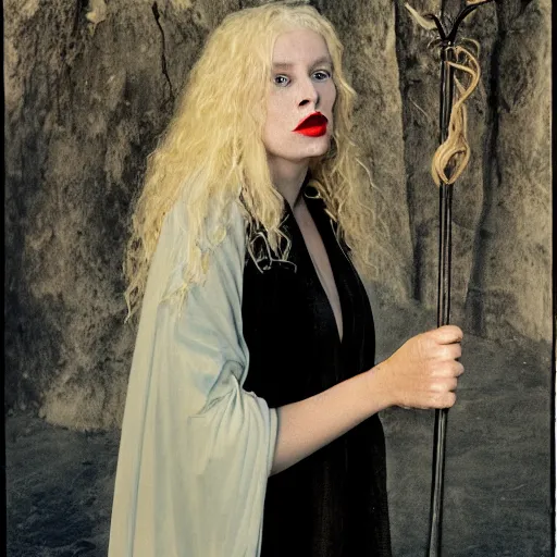 Image similar to a blonde woman in a black robe throwing up, a beautiful english woman with a long face narrow nose pale skin blue eyes red lips and wild messy tangles of curly white blonde hair, high resolution film still wearing a black robe and skull necklace and holding a spear, sandy, a journey to the west