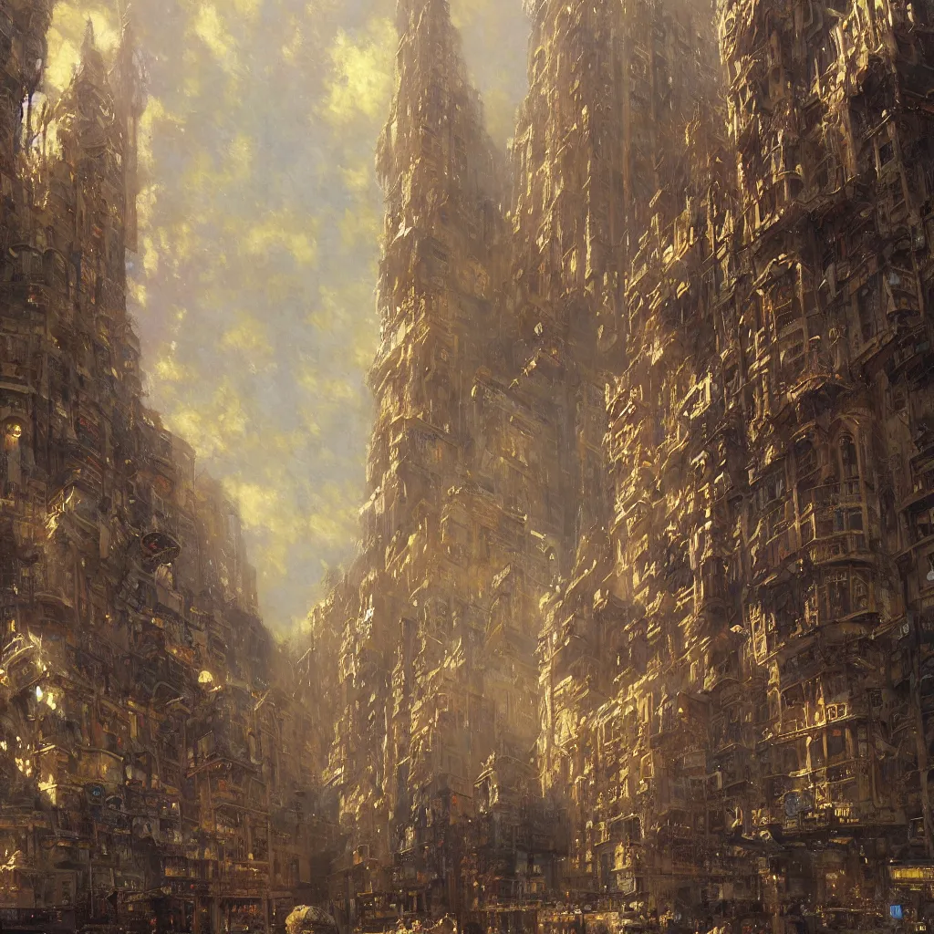 Image similar to detailed cinematic low angle shot of chrysller building, spring light, painting by gaston bussiere, craig mullins, j. c. leyendecker