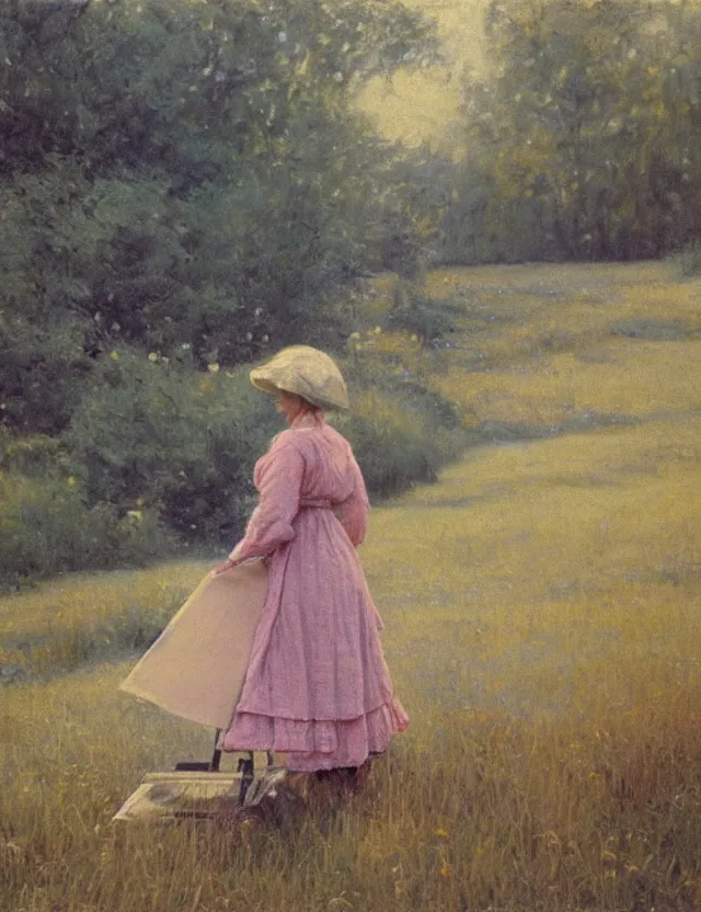 Prompt: peasant girl drawing a landscape on a canvans on an easel, cottage core, cinematic focus, polaroid photo bleached vintage pastel colors high - key lighting, soft lights, foggy, by steve hanks, by lisa yuskavage, by serov valentin, by tarkovsky, detailed, oil on canvas