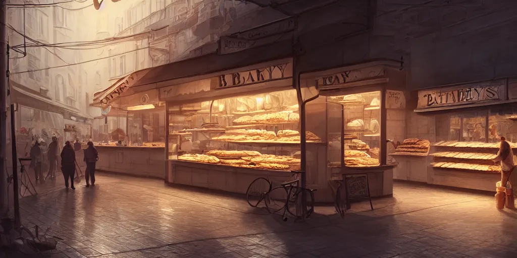 Prompt: an intricate concept art illustration of a bakery, no people, cinematic light, style ivan talavera and artgerm, hyper realistic, photorealistic, octane render, trending on artstation, cgsociety, cinematic light, 8 k