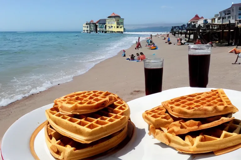 Prompt: a big waffles in the beach