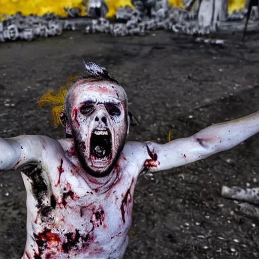 Image similar to selfie of a ukrainian screaming in pain and terrible injuries from a nuclear explosion, everything is on fire and radiation, in the background there are a lot of people like zombies, corpses and skeletons, a large nuclear explosion in the background, people are painted in yellow - blue cheers, all dirty with severed limbs, bad day