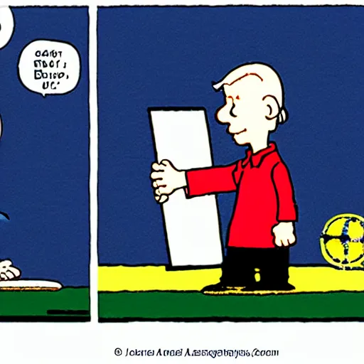 Image similar to a cartoon of joe biden pulling away the nuclear football before trump can kick it, cartoon in the style of peanuts by charles schulz