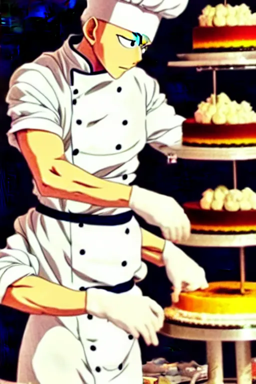 Image similar to chef saitama one punch man, dressed as a pastry chef, focused at making a cake, beautiful anime artwork