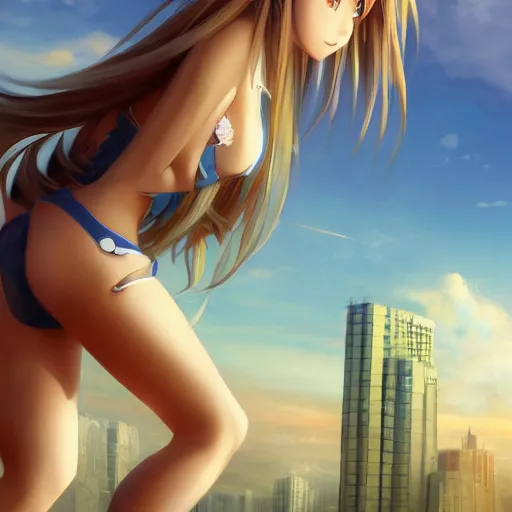 Prompt: bird perspective : a giant macro very beautiful young yuuki asuna, full body, long wavy blond hair, sky blue eyes, full round face,, bikini, miniskirt, stepping on a miniature city, cinematic wallpaper by stanley artgerm lau
